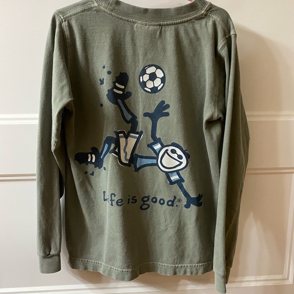 Boys, Size 10 Olive, Life is Good, Soccer, long sleeve shirt. No holes or tears